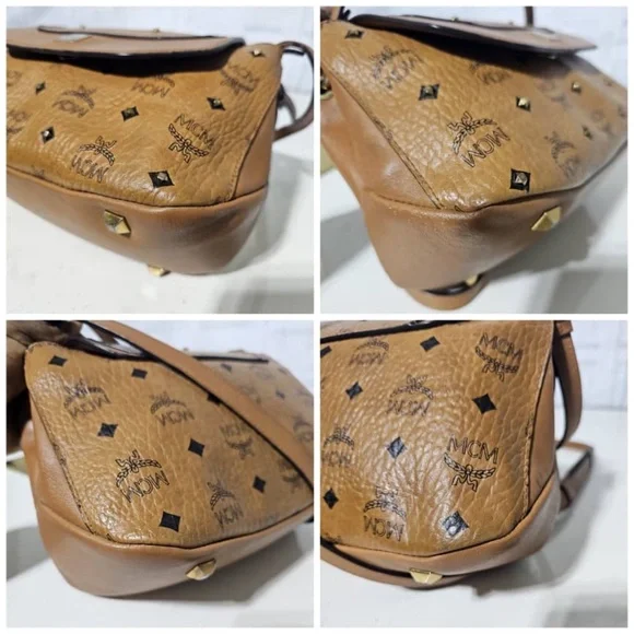 Authentic MCM Visetos Studded Crossbody Flap Messenger Cognac